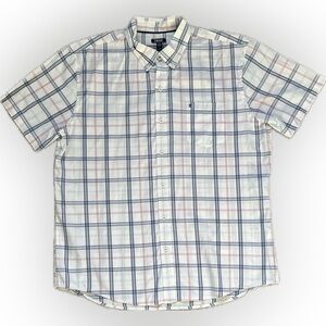 Izod Men's White Short-Sleeve Plaid Button-Down Shirt with Navy and Red Lines